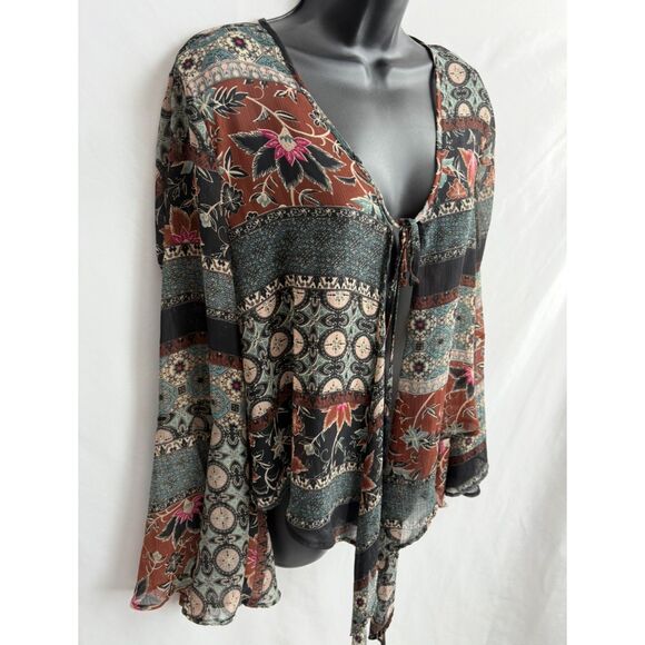 Penelope Boho Bell Sleeve Sheer Top Cover Size M Earthy Bohemian Floral - Picture 3 of 9